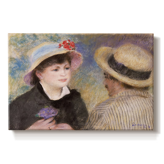 Canvas art print portraying a close-up of a couple seated together outdoors with hats and soft sunlight, set against a white background