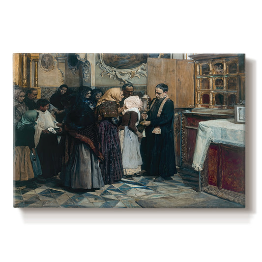 Canvas art print portraying figures gathered indoors kissing religious relic in ceremonial setting, set against a white background