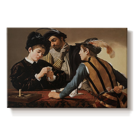 Canvas art print portraying two men cheating at cards while a third figure secretly observes behind them, set against a white background