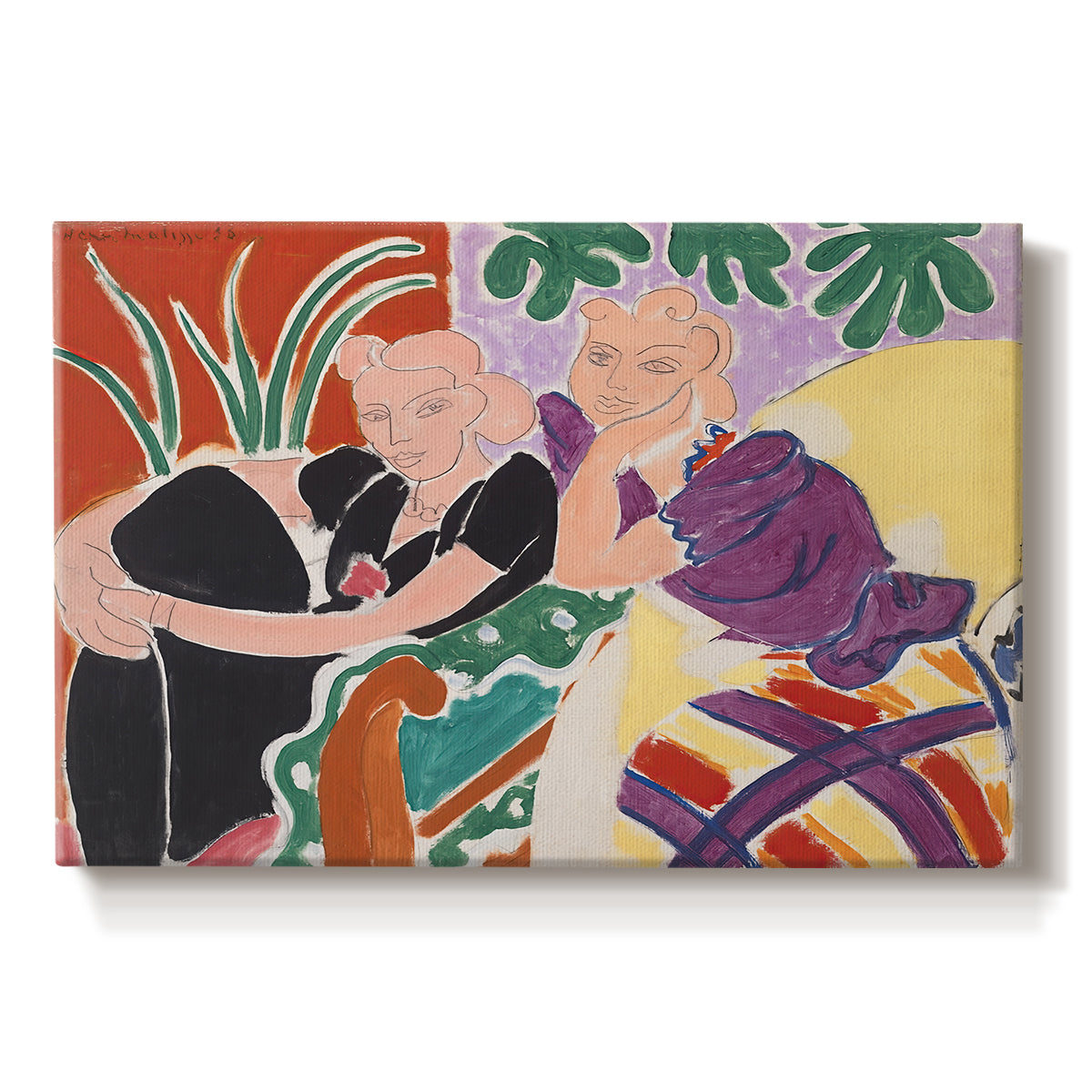 Canvas art print portraying two figures in a vivid interior engaged in conversation, set against a white background
