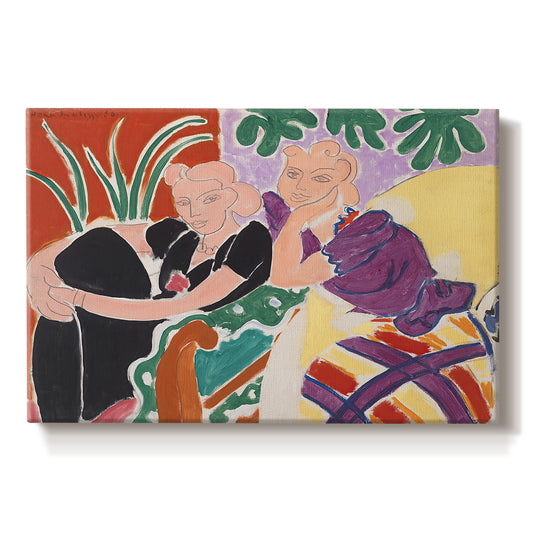 Canvas art print portraying two figures in a vivid interior engaged in conversation, set against a white background
