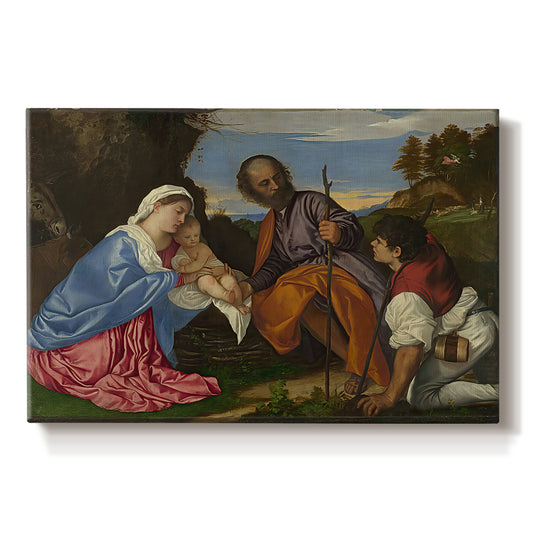 Canvas art print portraying a holy family gathered with shepherd in rustic outdoor setting, set against a white background