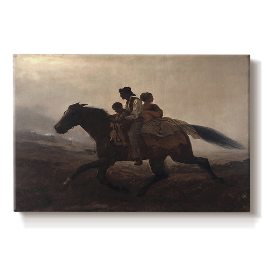 Canvas art print portraying a family riding horseback through night escaping across landscape, set against a white background