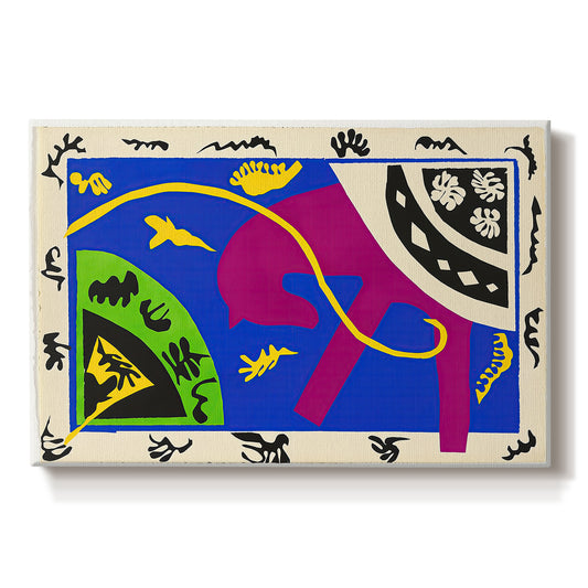 Canvas art print portraying abstract figures of a horse, rider, and clown in a bold cut-out composition, set against a white background