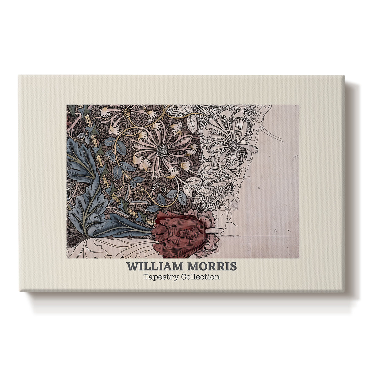 Canvas art print portraying a repeating pattern of intertwining vines, leaves, and flowers arranged in dense textile design, set against a white background