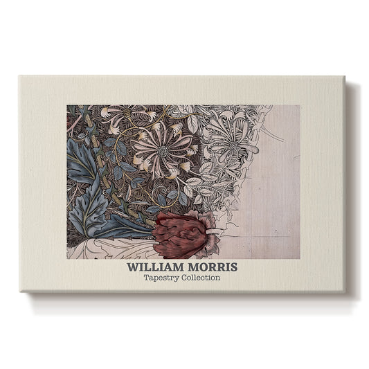 Canvas art print portraying a repeating pattern of intertwining vines, leaves, and flowers arranged in dense textile design, set against a white background