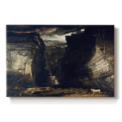 Canvas art print portraying a dramatic rocky gorge with towering cliffs and waterfall, set against a white background