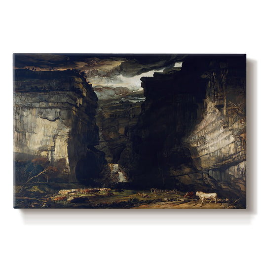 Canvas art print portraying a dramatic rocky gorge with towering cliffs and waterfall, set against a white background