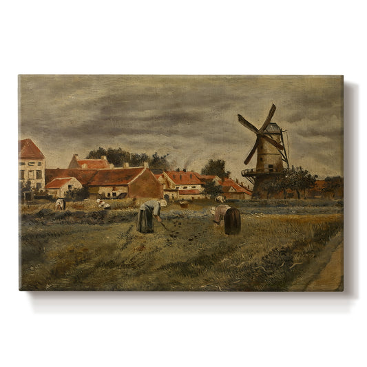 Canvas art print portraying a rural village scene with people working among buildings and open yard, set against a white background