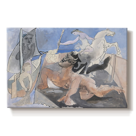 Canvas art print portraying a mythological minotaur in surreal sketch composition, set against a white background