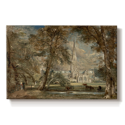 Canvas art print portraying a cathedral rising above landscape with trees and field, set against a white background