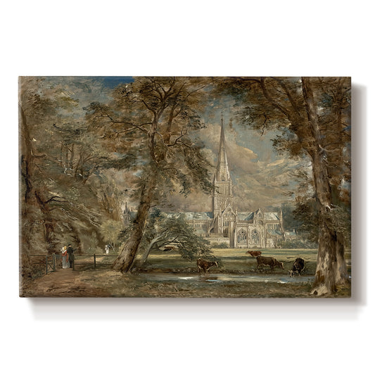 Canvas art print portraying a cathedral rising above landscape with trees and field, set against a white background