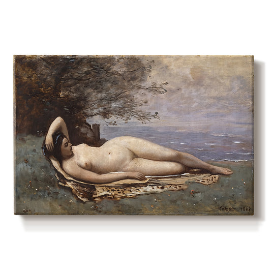 Canvas art print portraying a reclining female figure near shoreline with calm water behind, set against a white background
