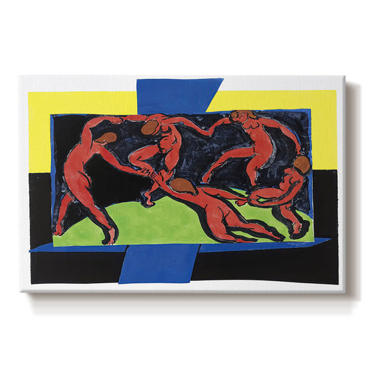 Canvas art print portraying a group of figures holding hands dancing in circular motion against bold background, set against a white background