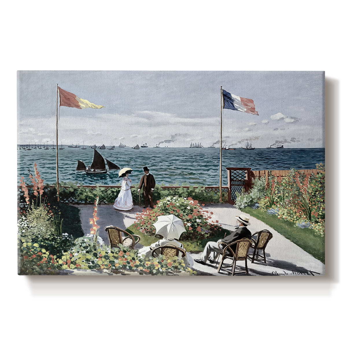 Canvas art print portraying a seaside garden with flowers, flags, and figures overlooking the water, set against a white background