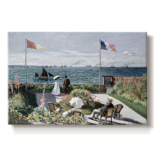 Canvas art print portraying a seaside garden with flowers, flags, and figures overlooking the water, set against a white background