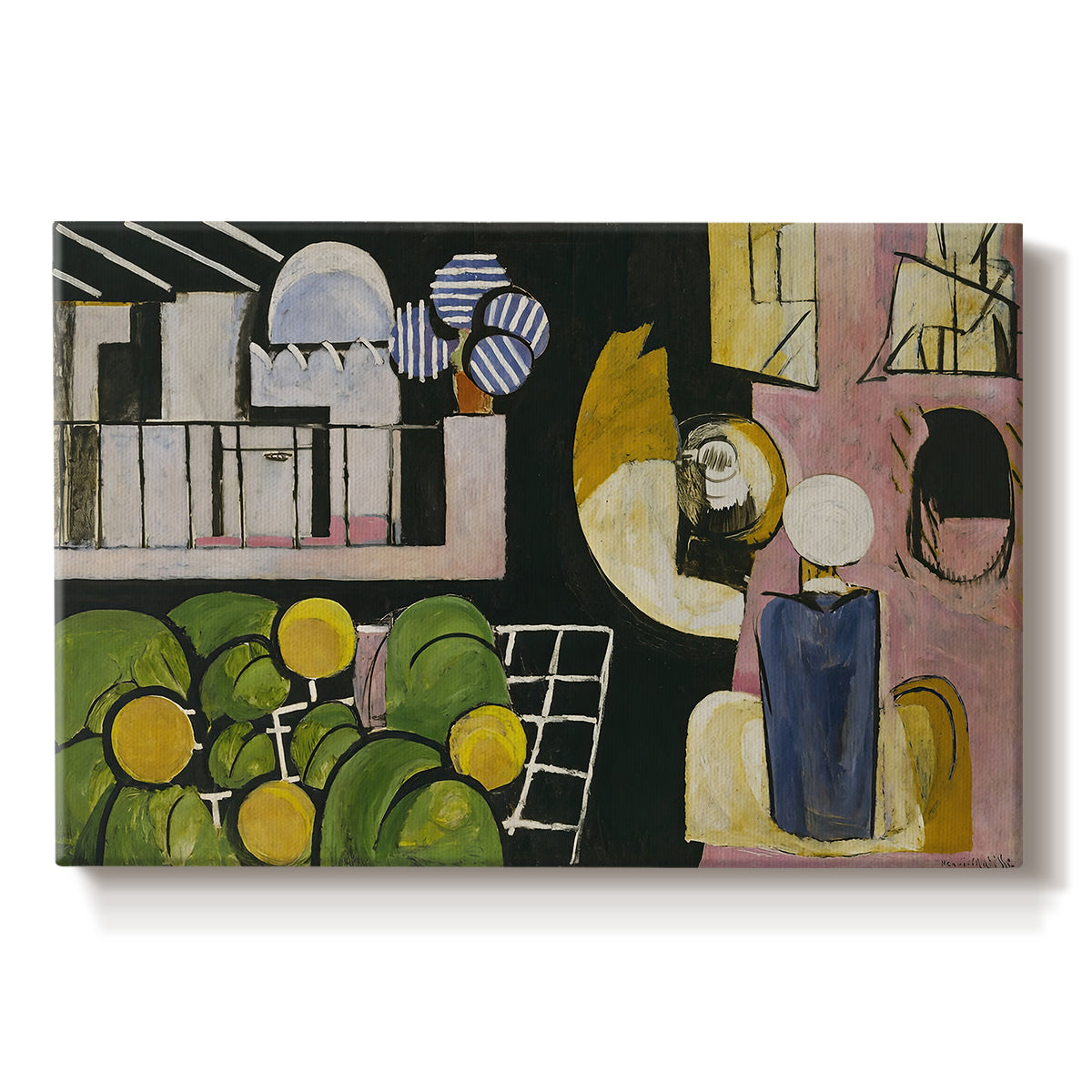 Canvas art print portraying a scene with figures, architecture, and still life elements, set against a white background