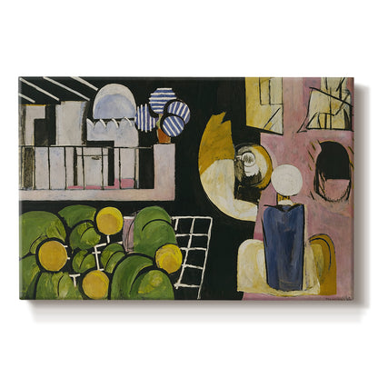 Canvas art print portraying a scene with figures, architecture, and still life elements, set against a white background