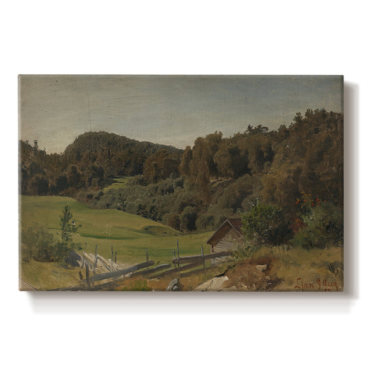 Canvas art print portraying a rolling landscape with fields, trees, and distant water under open sky, set against a white background