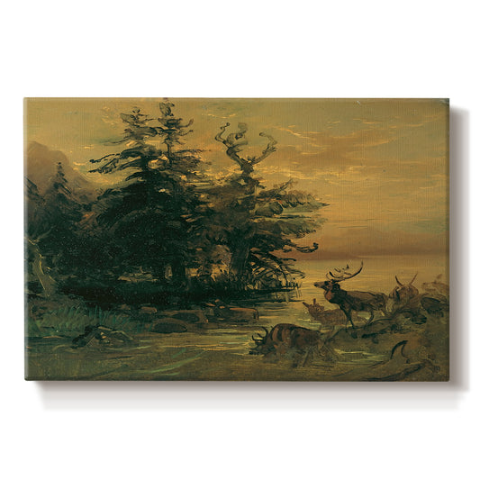 Canvas art print portraying deer near lakeshore with mountains behind, set against a white background