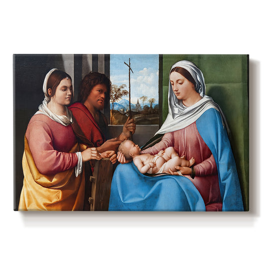 Canvas art print portraying a group of figures seated together in calm religious setting with soft landscape background, set against a white background
