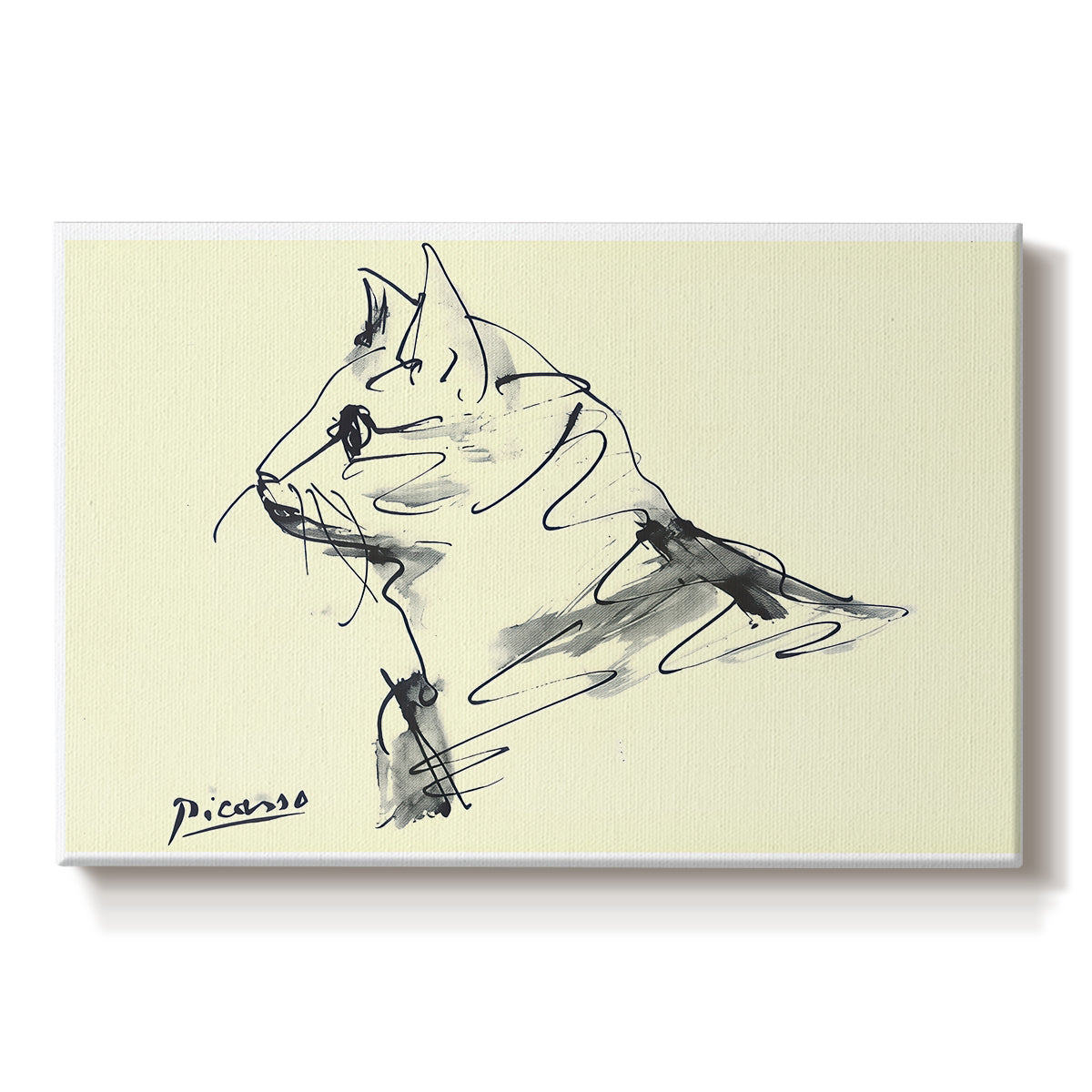 Canvas art print portraying a simple line drawing of cat in relaxed pose, set against a white background