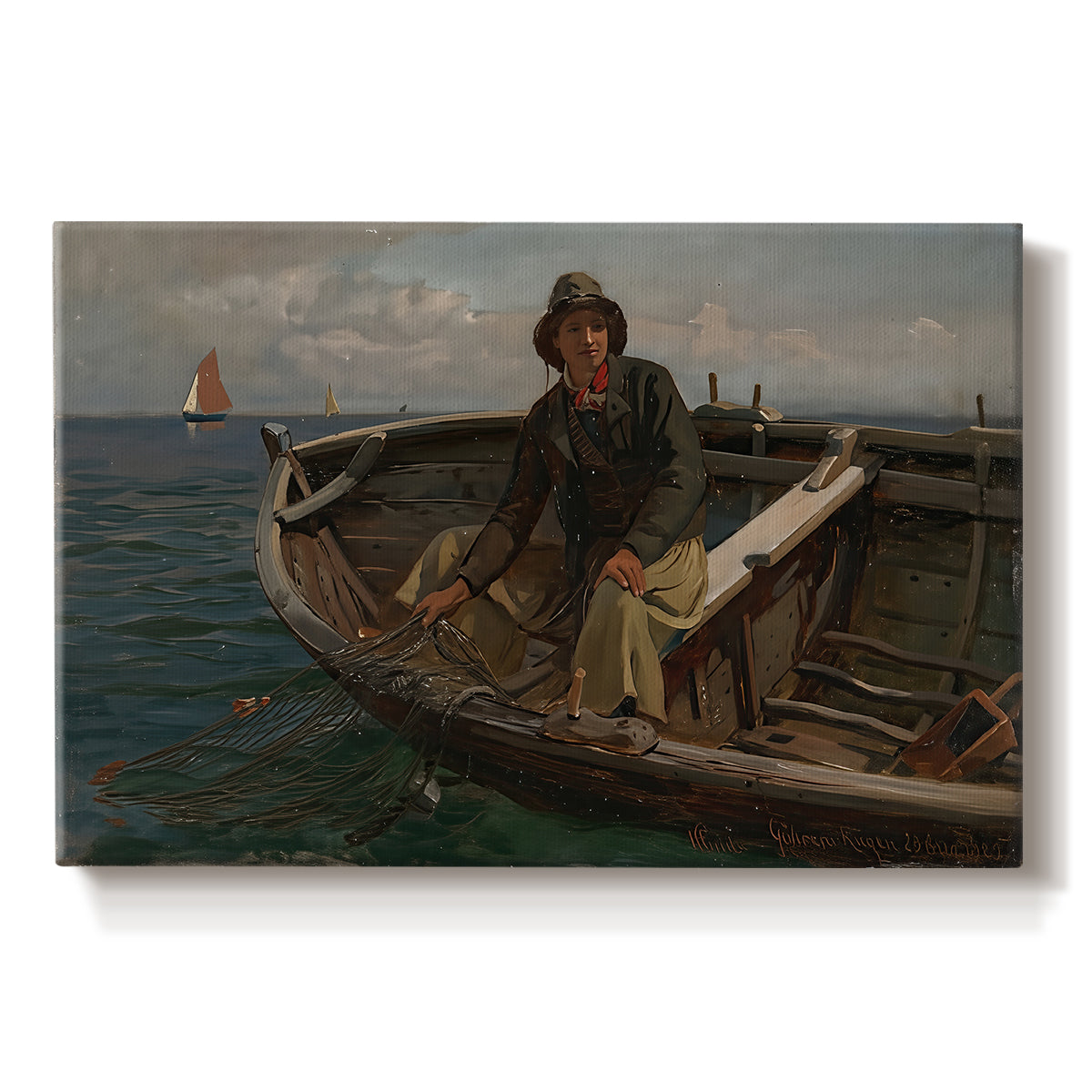 Canvas art print portraying fishermen working from small boat on open water near shore, set against a white background