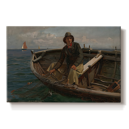 Canvas art print portraying fishermen working from small boat on open water near shore, set against a white background