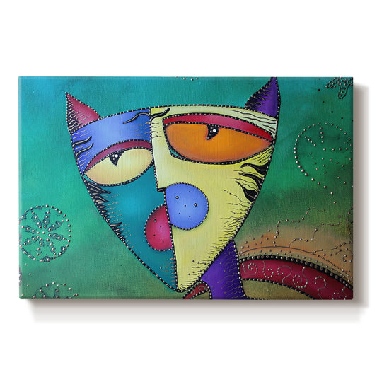 Canvas art print portraying a colorful geometric cat face with angular shapes, set against a white background