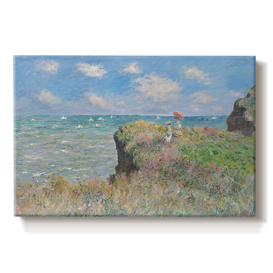 Canvas art print portraying figures walking along coastal cliff path overlooking ocean and sky, set against a white background