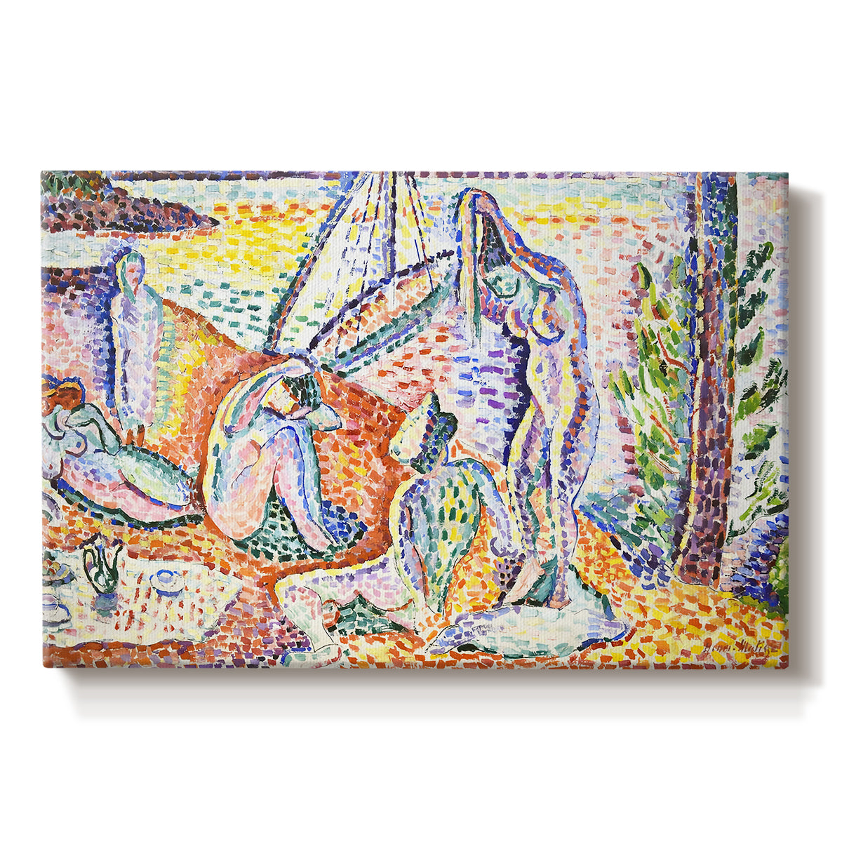 Canvas art print portraying figures relaxing in a bright coastal landscape with water and trees, set against a white background
