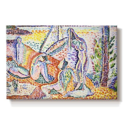 Canvas art print portraying figures relaxing in a bright coastal landscape with water and trees, set against a white background