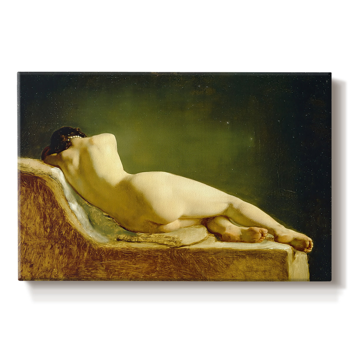 Canvas art print portraying a nude figure lying on couch in relaxed pose within interior setting, set against a white background