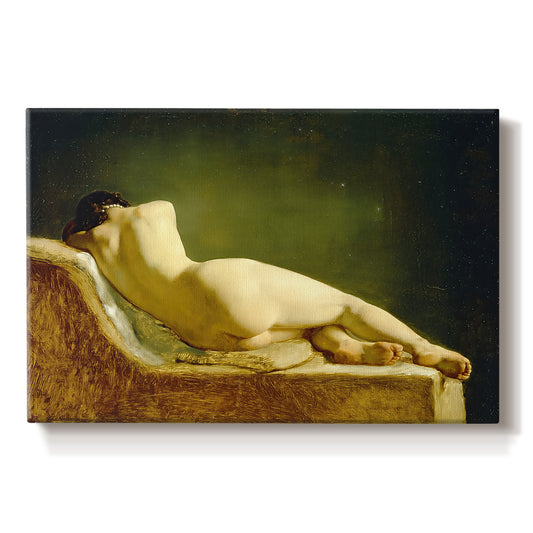 Canvas art print portraying a nude figure lying on couch in relaxed pose within interior setting, set against a white background