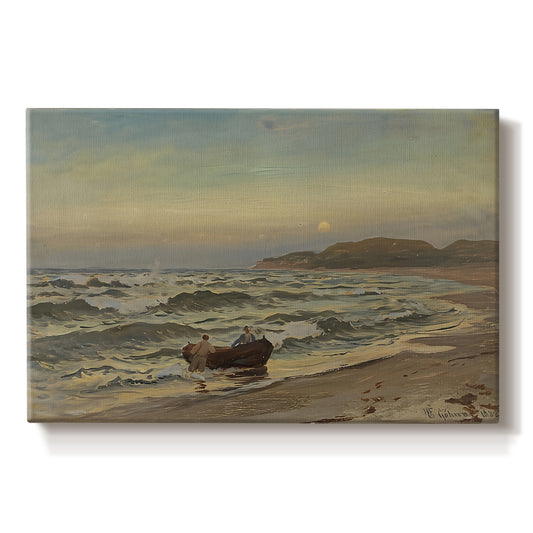 Canvas art print portraying a stormy coastal scene with waves crashing under dark dramatic sky, set against a white background
