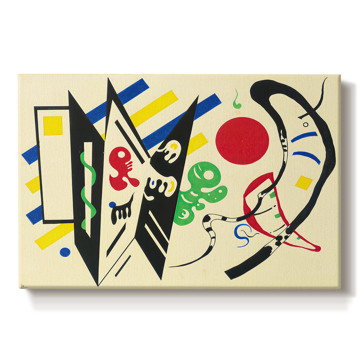 Canvas art print portraying an abstract composition of geometric shapes and lines arranged in balanced layout, set against a white background