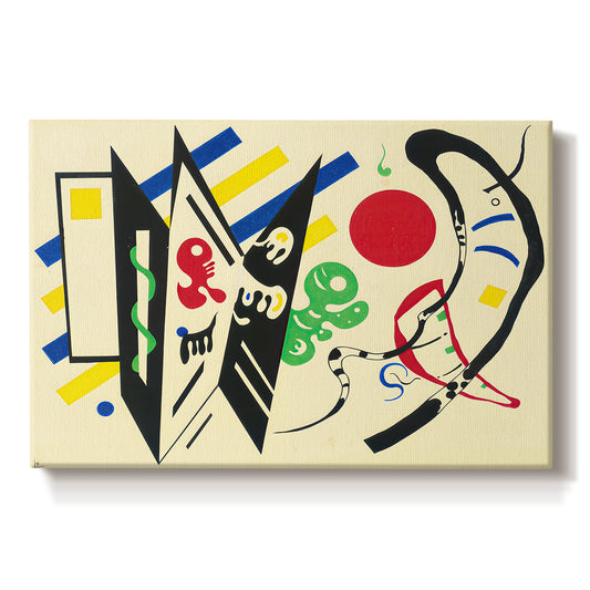Canvas art print portraying an abstract composition of geometric shapes and lines arranged in balanced layout, set against a white background