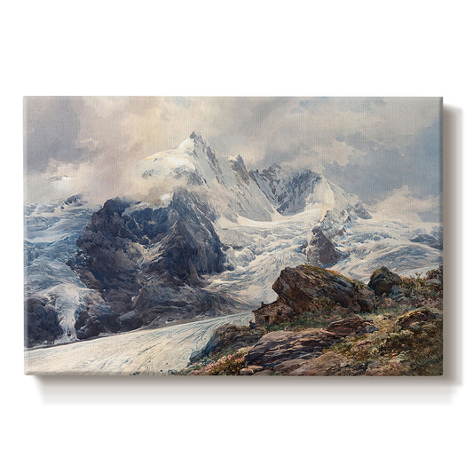 Canvas art print portraying a towering mountain peak rising above rocky alpine landscape, set against a white background