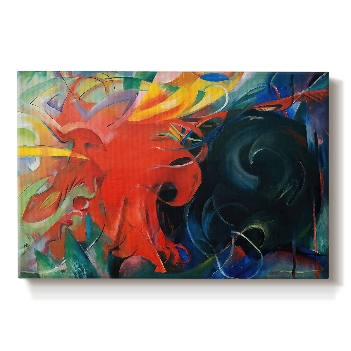 Canvas art print portraying a dynamic abstract shapes colliding in energetic composition, set against a white background