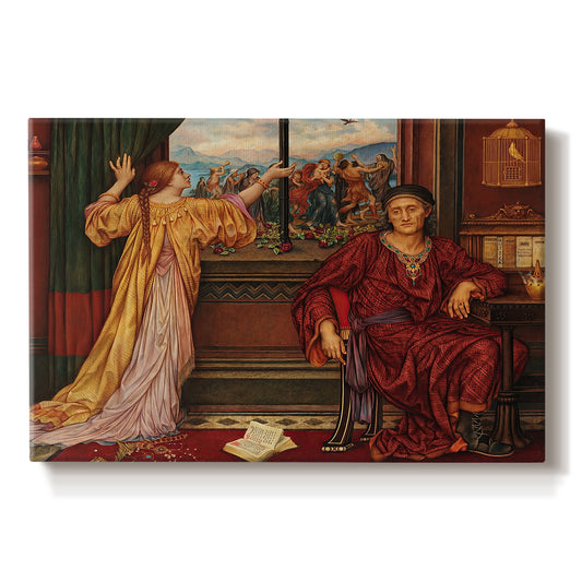 Canvas art print portraying a woman seated inside ornate interior symbolizing confinement and luxury, set against a white background