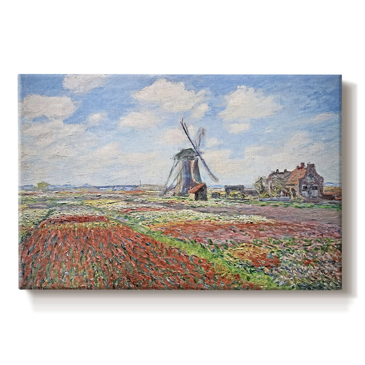 Canvas art print portraying colorful rows of tulip fields leading toward distant windmill, set against a white background