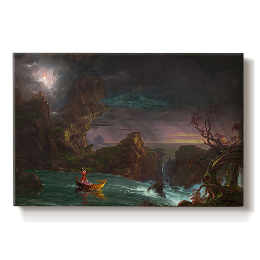 Canvas art print portraying a stylized composition showcasing architectural history, set against a white background