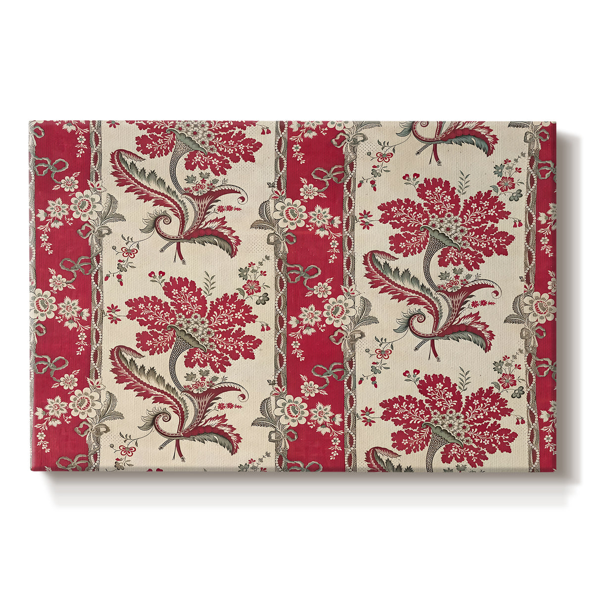 Canvas art print portraying a repeating pattern with floral arrangements emerging from horn-shaped forms, set against a white background