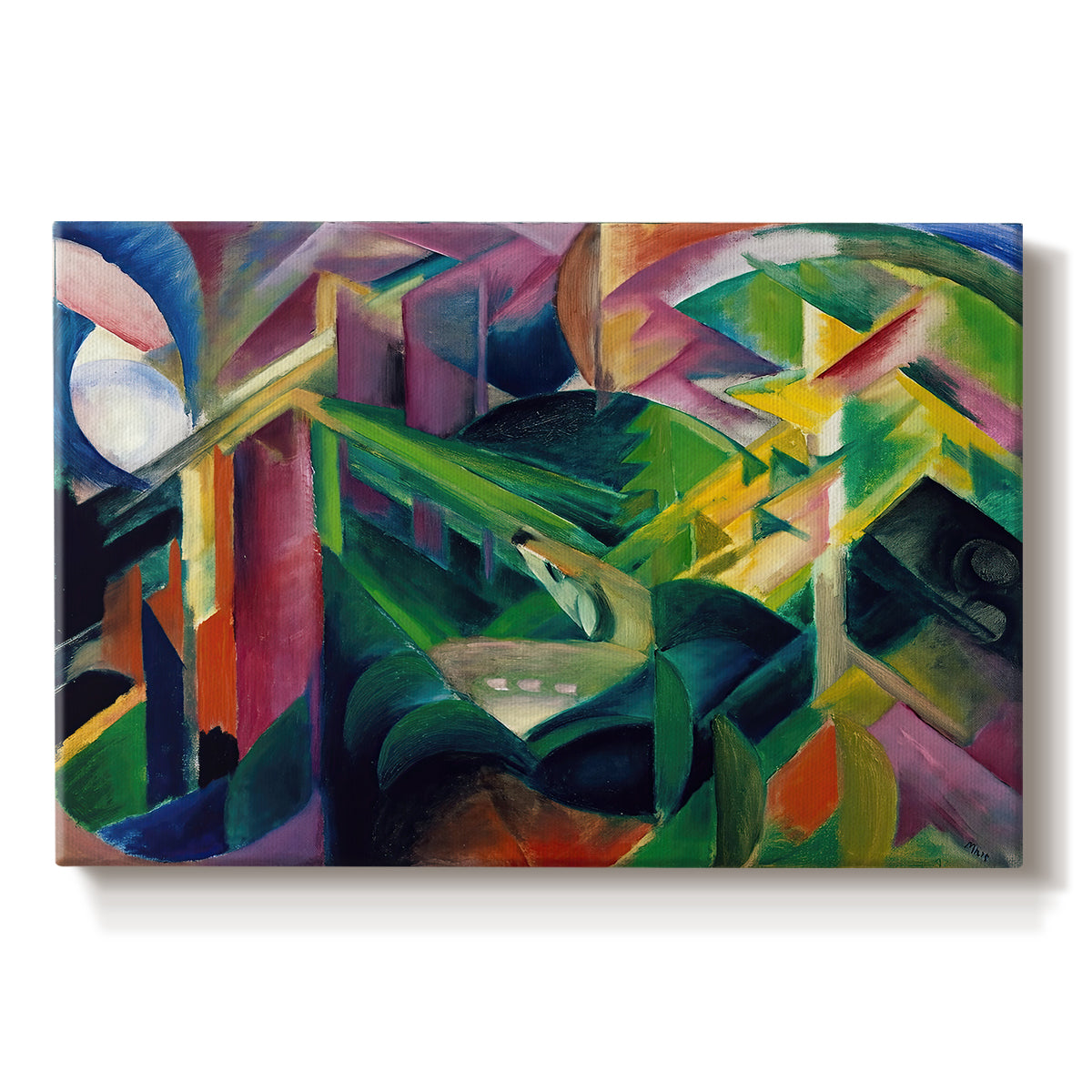 Canvas art print portraying a stylized deer within abstract garden setting of geometric shapes, set against a white background