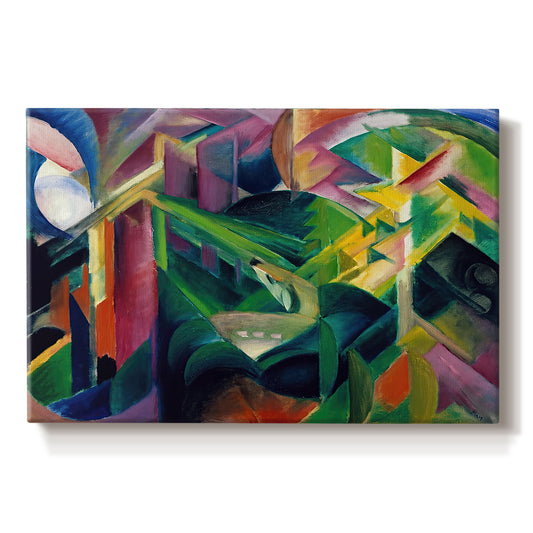 Canvas art print portraying a stylized deer within abstract garden setting of geometric shapes, set against a white background