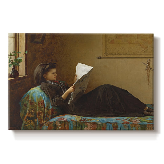 Canvas art print portraying a group of people gathered indoors reading newspaper together, set against a white background