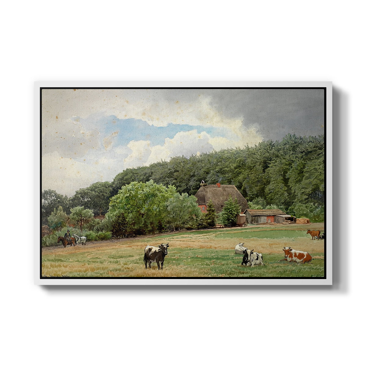 Farm with Grazing Cows (Bondegård med beitende kuer), 1892 - Floater Framed Canvas Print