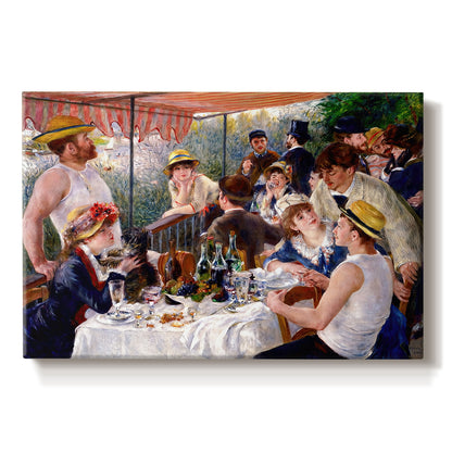 Canvas art print portraying a group of elegantly dressed people dining together on a sunlit balcony overlooking the river, set against a white background
