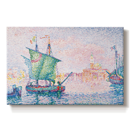 Canvas art print portraying a Venetian waterfront under pink sky, set against a white background