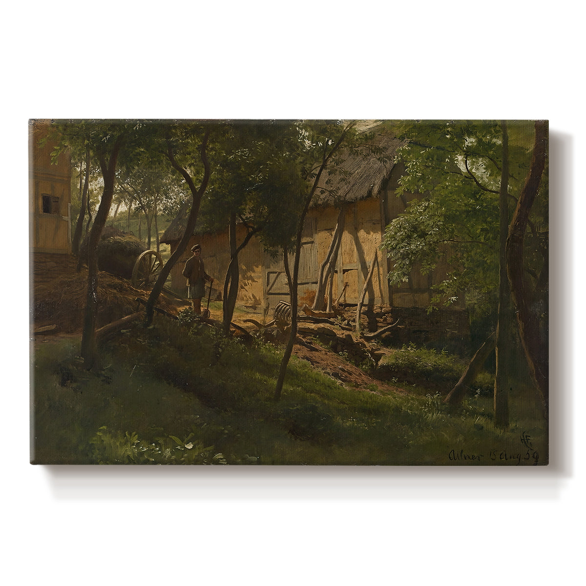 Canvas art print portraying rustic farm buildings surrounded by trees and rural landscape, set against a white background